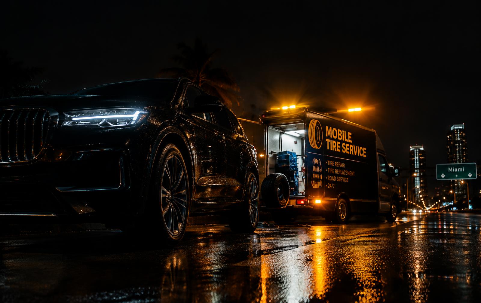 Camión de servicio móvil Ontire atendiendo una SUV de noche en Miami